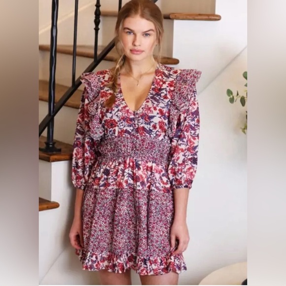 NWT SAYLOR Laci Mini Dress Pink Floral Combo Puff Sleeve Ruffle Mixed Print LRG - Picture 1 of 12